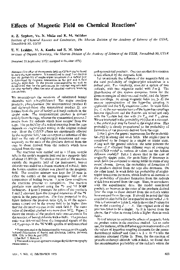 (PDF) Effects of magnetic field on chemical reactions