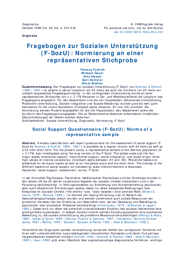 (PDF) Fragebogen zur Sozialen Unterstützung (F-SozU): Normierung an ...