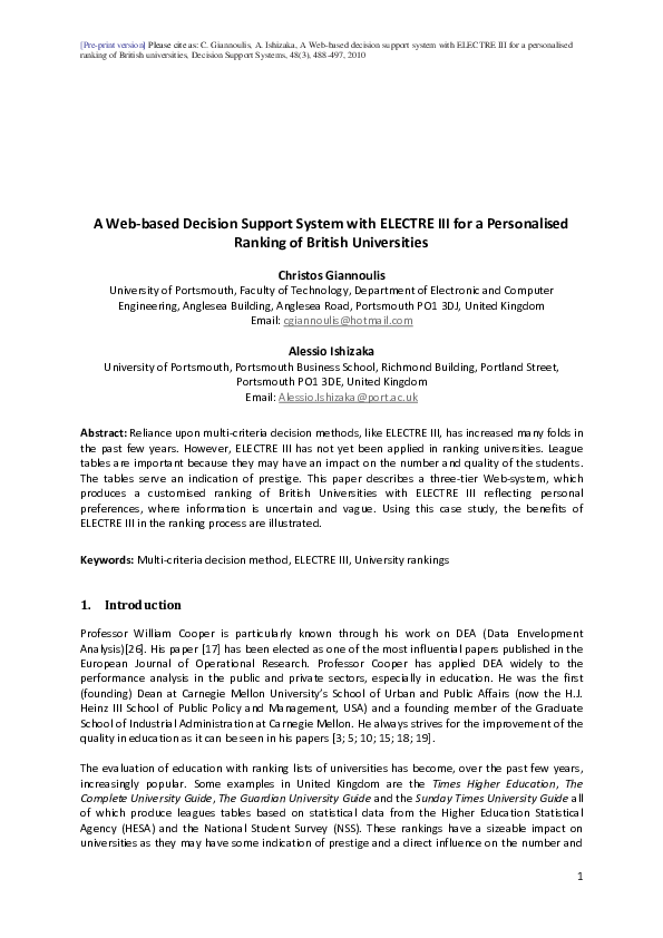 Pdf A Web Based Decision Support System With Electre Iii For A Personalised Ranking Of British Universities Alessio Ishizaka Academia Edu