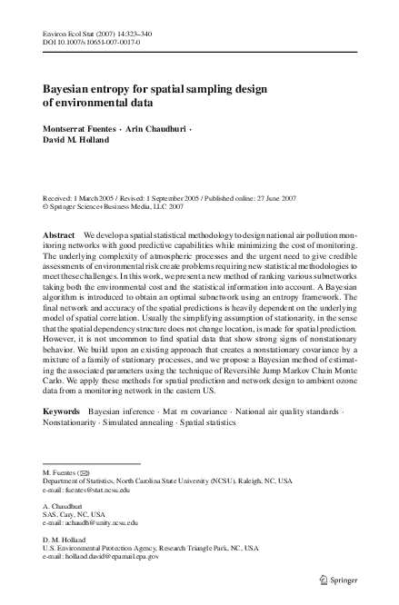 (PDF) Bayesian entropy for spatial sampling design of environmental data