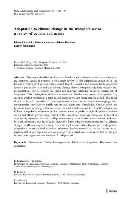 (PDF) Adaptation to climate change in the transport sector: a review of ...