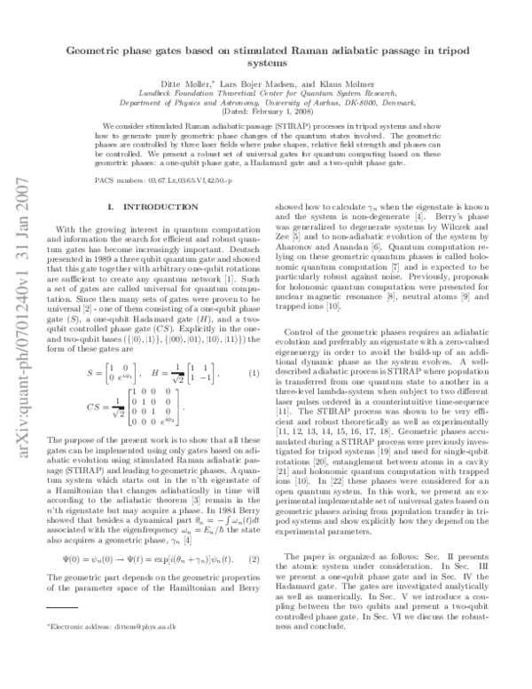 (PDF) Geometric phase gates based on stimulated Raman adiabatic passage ...
