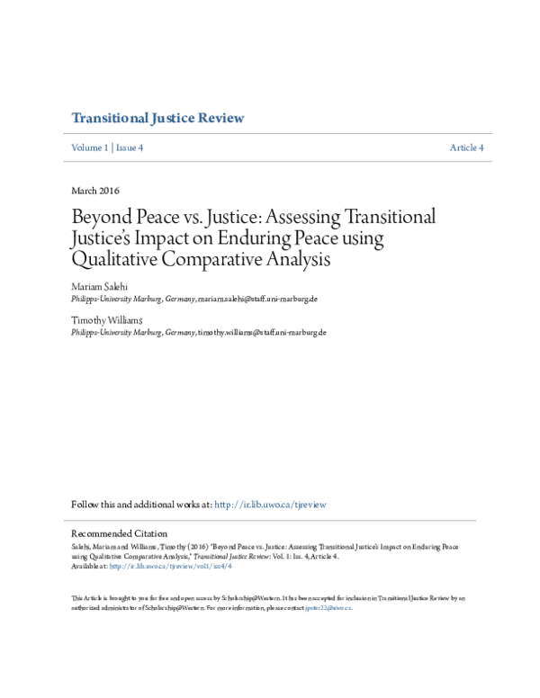 (PDF) Transitional Justice Review Beyond Peace vs. Justice: Assessing ...