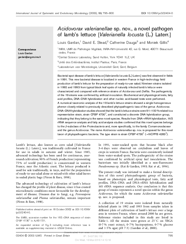 (PDF) Acidovorax valerianellae sp. nov., a novel pathogen of lamb's