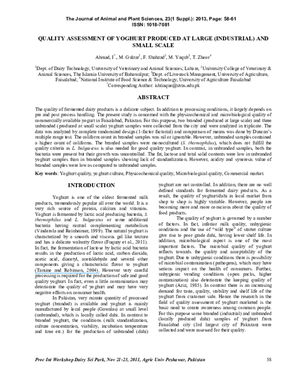 (PDF) Quality Assessment of Yoghurt Produced at Large (Industrial) and