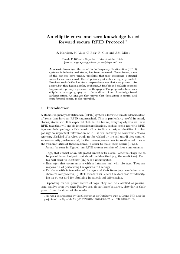 (PDF) An elliptic curve and zero knowledge based forward secure RFID ...
