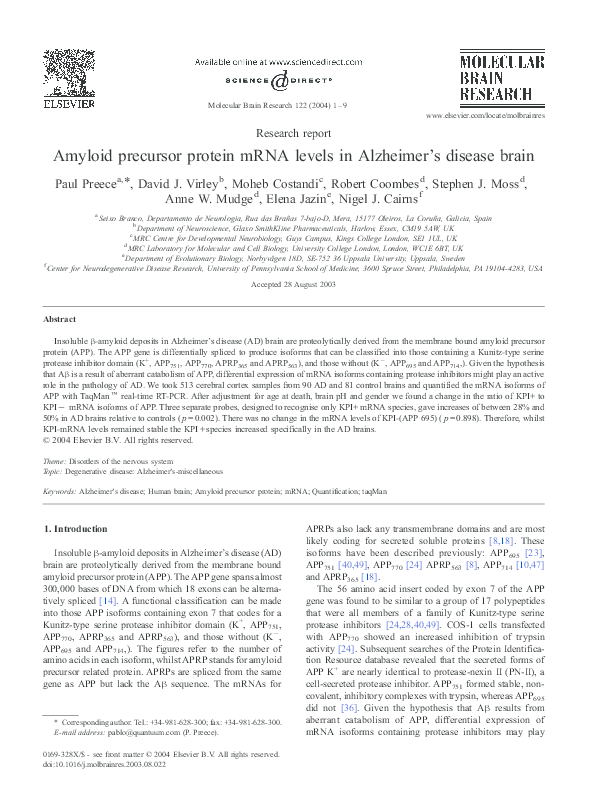 (PDF) Amyloid precursor protein mRNA levels in Alzheimer's disease brain