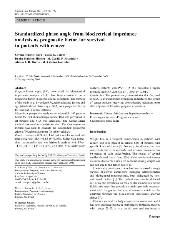 (PDF) Standardized phase angle from bioelectrical impedance analysis as ...