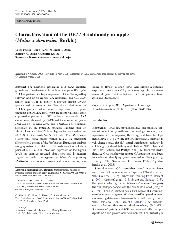 (PDF) Characterisation of the DELLA subfamily in apple (Malus x ...