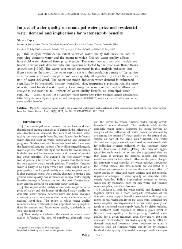 (PDF) Impact of water quality on municipal water price and residential ...