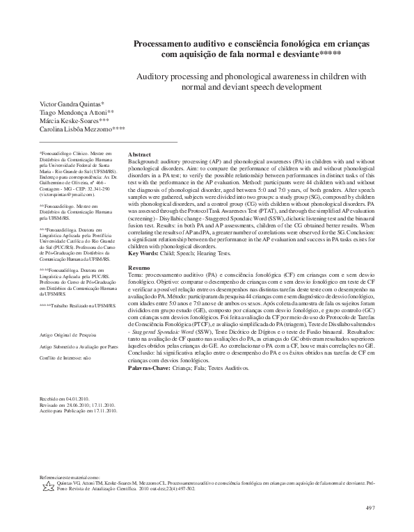 (PDF) Auditory processing and phonological awareness in children with ...