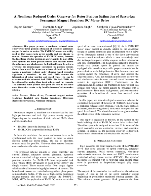 (PDF) A nonlinear reduced order observer for rotor position estimation ...