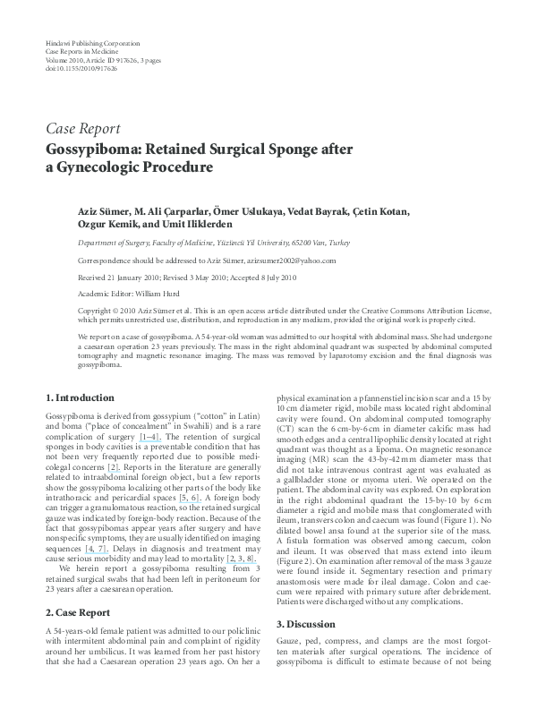 (PDF) Gossypiboma: Retained Surgical Sponge after a Gynecologic Procedure