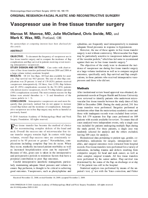 (PDF) Vasopressor use in free tissue transfer surgery Mark Wax