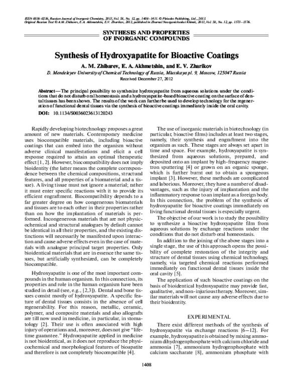 (PDF) Synthesis of hydroxyapatite for bioactive coatings