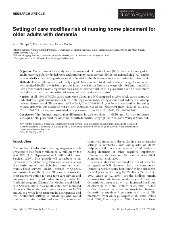 (PDF) Setting of care modifies risk of nursing home placement for older ...