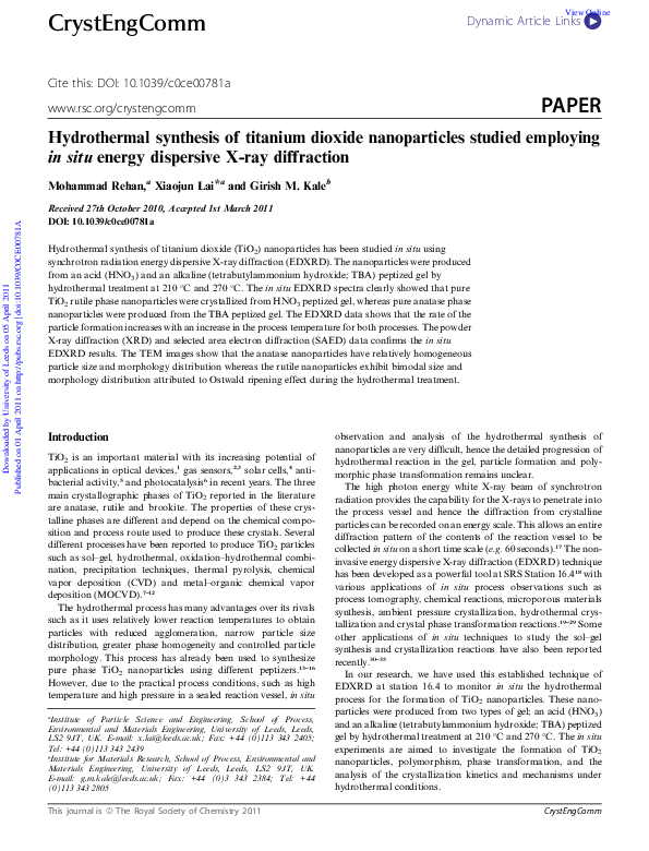  pdf hydrothermal synthesis of titanium dioxide nanoparticles studied
