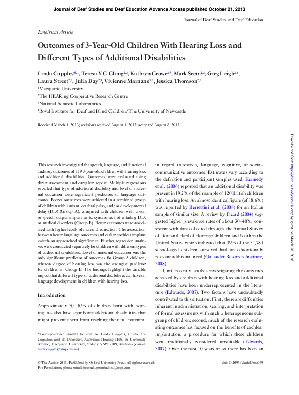 (PDF) Outcomes of 3-Year-Old Children With Hearing Loss and Different ...
