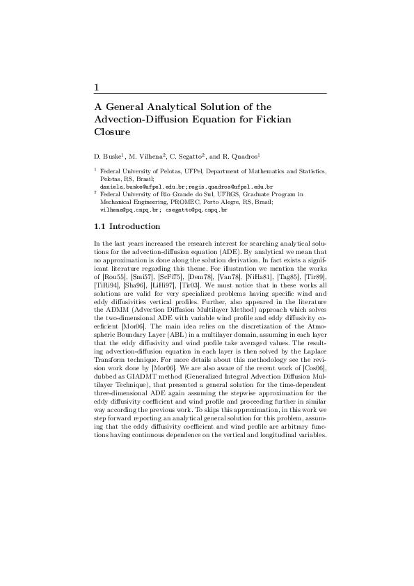 (PDF) A General Analytical Solution of the Advection–Diffusion Equation ...