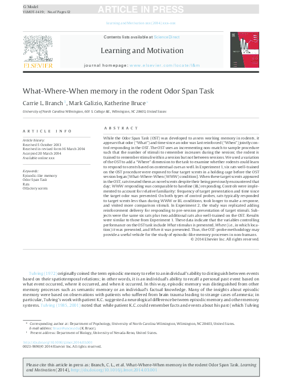 (PDF) What-Where-When Memory in the Rodent Odor Span Task