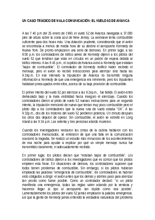 UN CASO TRÀGICO DE MALA COMUNICACIÓN EL VUELO 52 DE AVIANCA