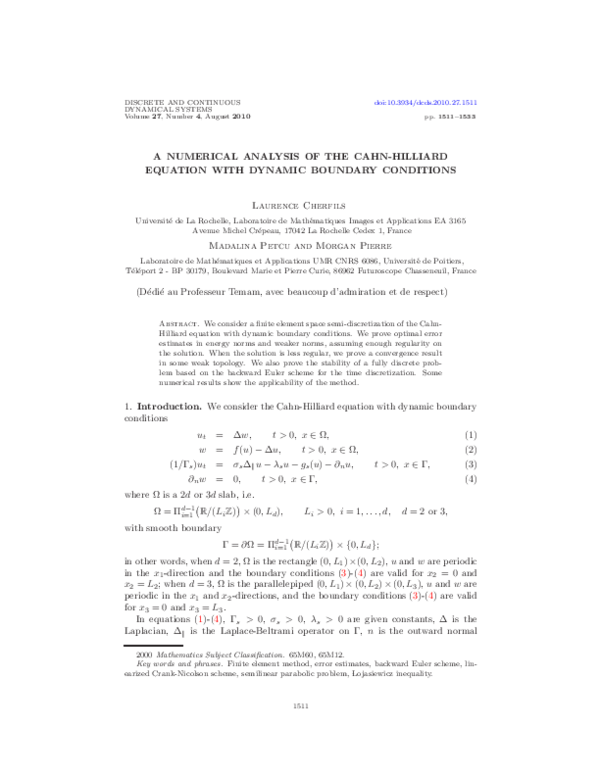 (PDF) A numerical analysis of the CahnHilliard equation with nonpermeable walls Laurence