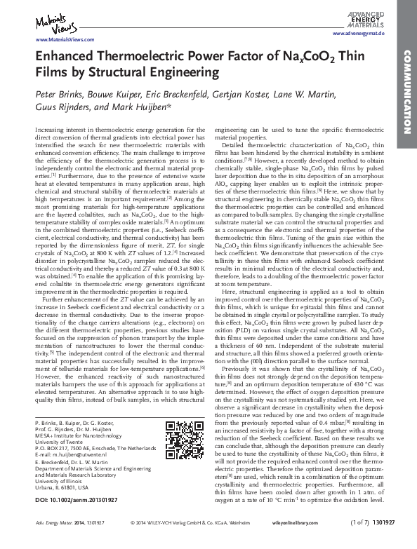 (PDF) Enhanced Thermoelectric Power Factor of Na x CoO 2 Thin Films by ...