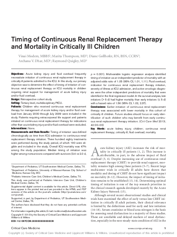 (PDF) Timing of Continuous Renal Replacement Therapy and Mortality in ...