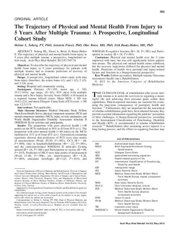 (PDF) The Trajectory of Physical and Mental Health From Injury to 5 ...