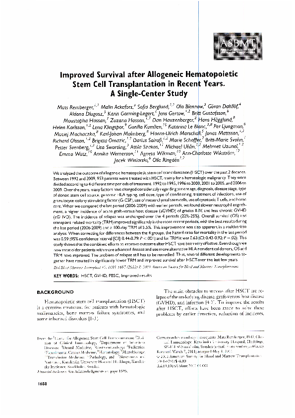 (PDF) Improved Survival after Allogeneic Hematopoietic Stem Cell ...