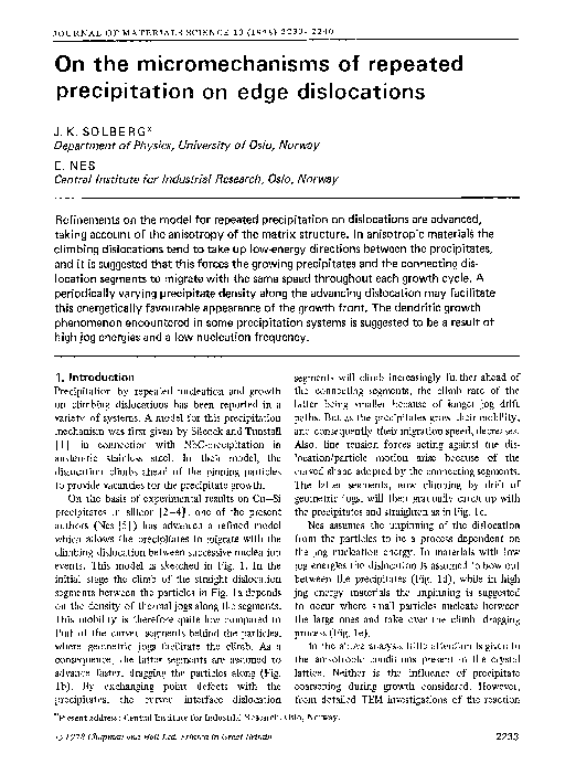 (PDF) On the micromechanisms of repeated precipitation on edge dislocations