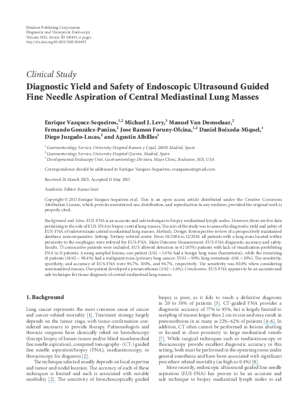 (PDF) Diagnostic Yield and Safety of Endoscopic Ultrasound Guided Fine ...