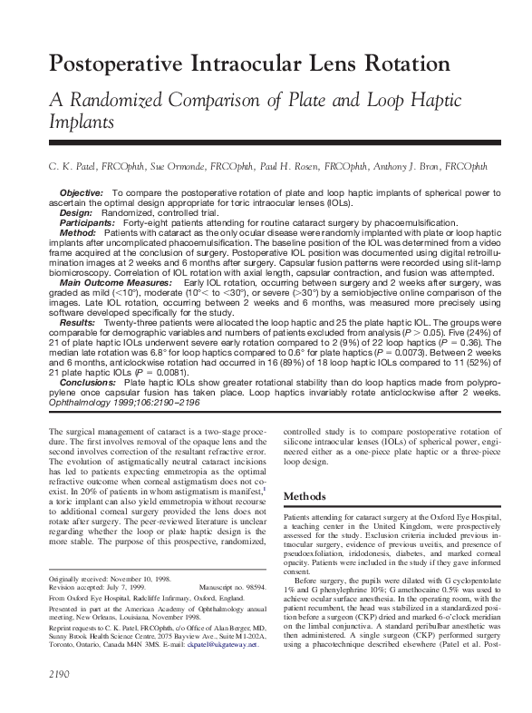 (PDF) Postoperative intraocular lens rotation