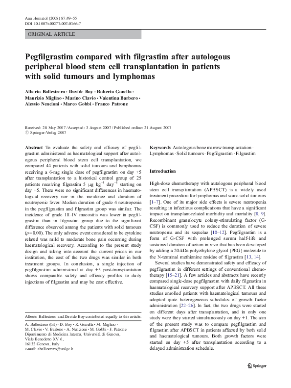 Pdf Pegfilgrastim Compared With Filgrastim After Autologous Peripheral Blood Stem Cell Transplantation In Patients With Solid Tumours And Lymphomas Giuseppe Irrera Academia Edu