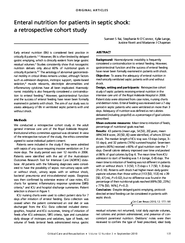 (PDF) Enteral nutrition for patients in septic shock: A retrospective ...