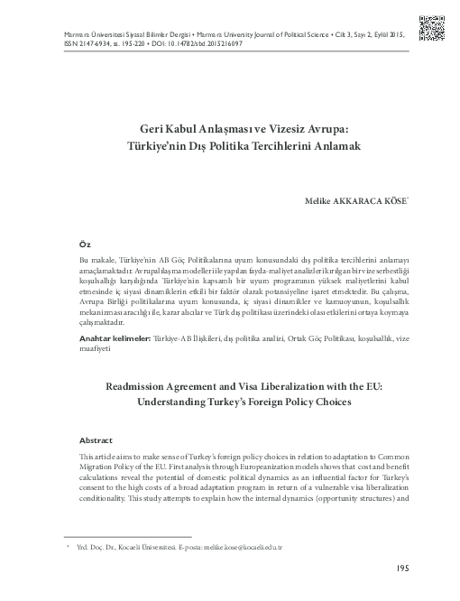 (PDF) Geri Kabul Anlaşması ve Vizesiz Avrupa Türkiye'nin Dış Politika
