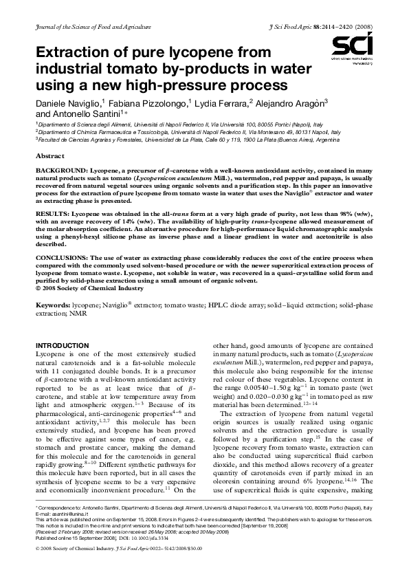 (PDF) Extraction of pure lycopene from industrial tomato waste in water