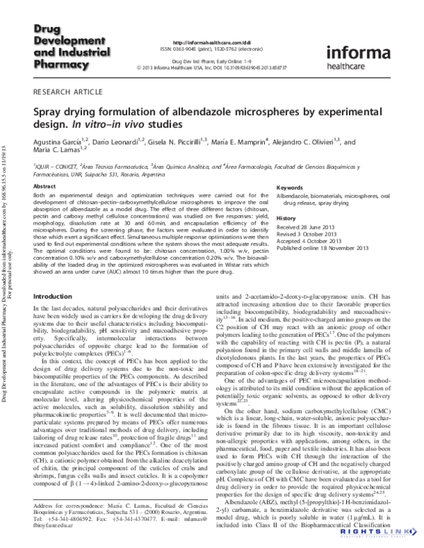 (PDF) Spray drying formulation of albendazole microspheres by experimental design. In vitroin