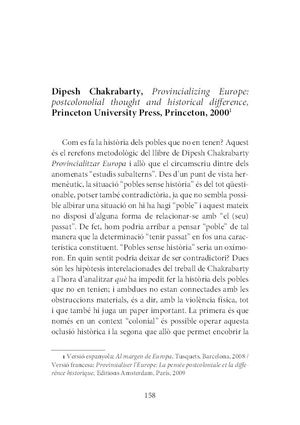 (PDF) Dipesh Chakrabarty. Provinzializing Europe