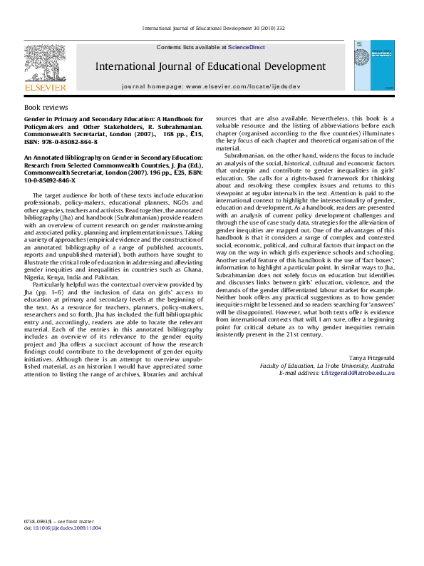 (PDF) R. Subrahmanian, Gender in Primary and Secondary Education: A ...