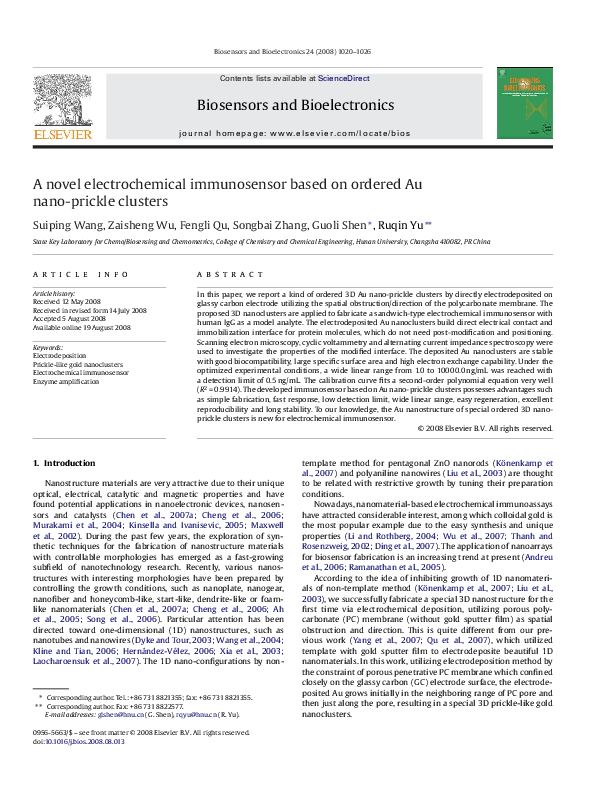 (PDF) A novel electrochemical immunosensor based on ordered Au nano ...