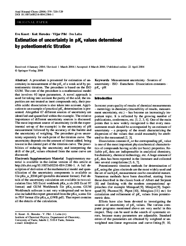 (PDF) Estimation of uncertainty in pK a values determined by