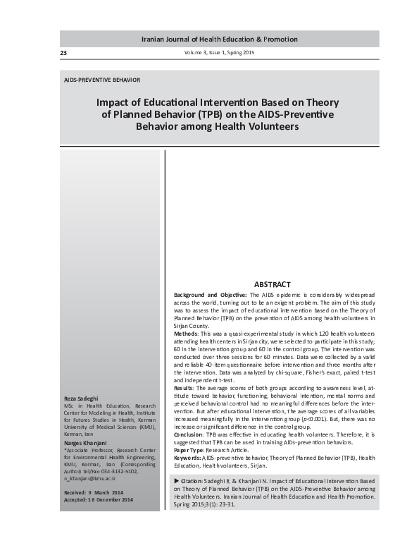 (PDF) Impact of Educational Intervention Based on Theory of Planned ...