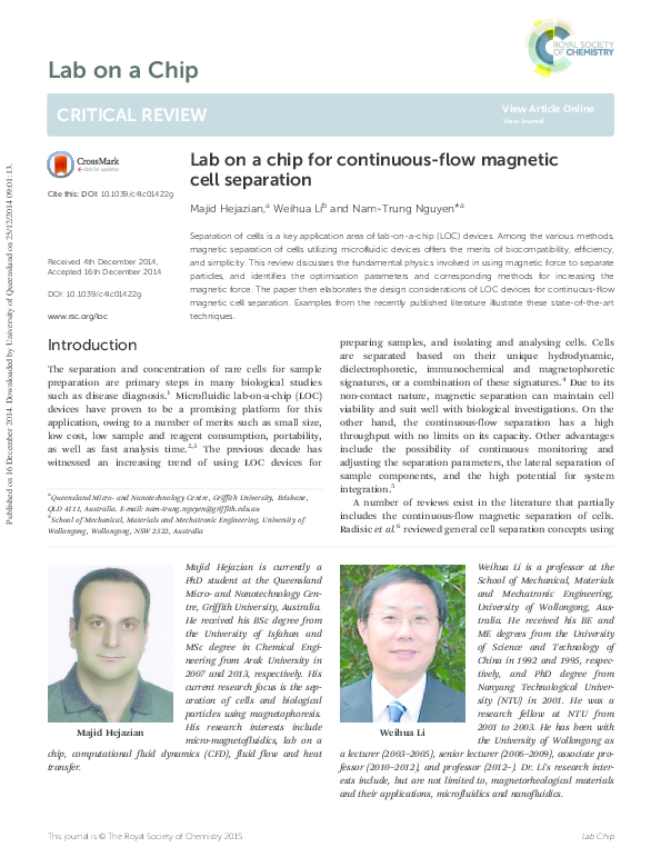 (PDF) Lab on a chip for continuous-flow magnetic cell separation
