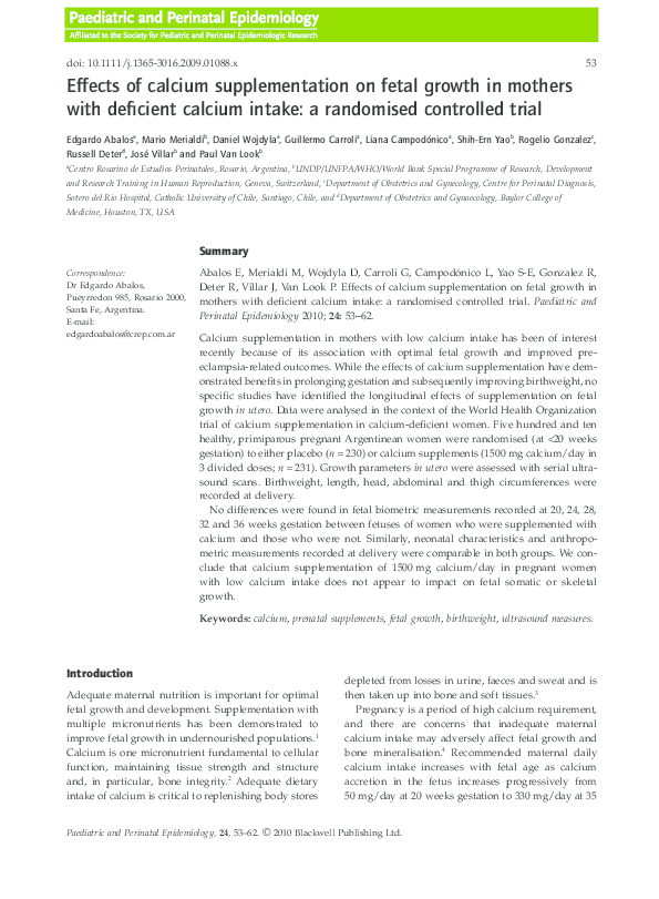 (PDF) Effects of calcium supplementation on fetal growth in mothers ...