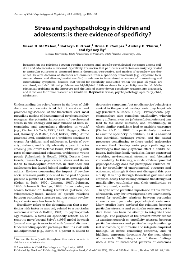 (PDF) Stress and psychopathology in children and adolescents: is there ...