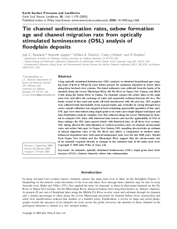 (PDF) Tie channel sedimentation rates, oxbow formation age and channel ...