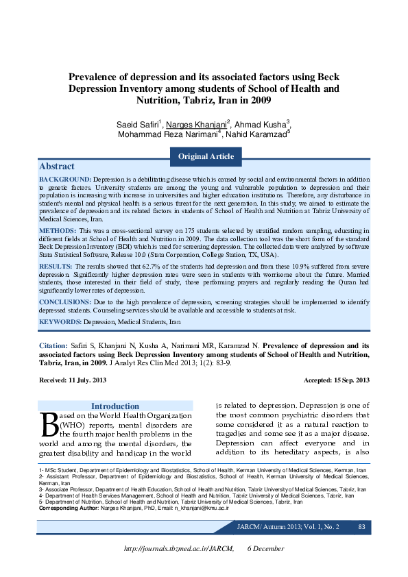 (PDF) Prevalence of depression and its associated factors using Beck ...