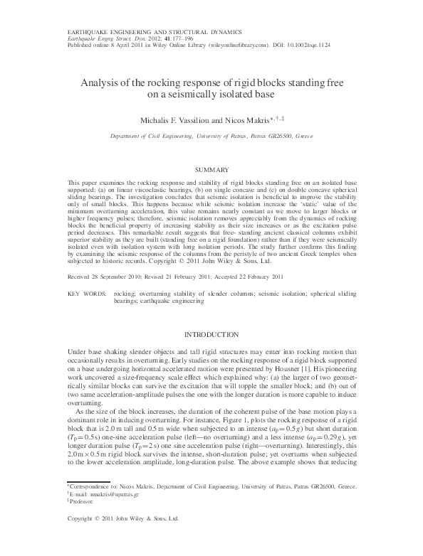(PDF) Analysis of the rocking response of rigid blocks standing free on ...