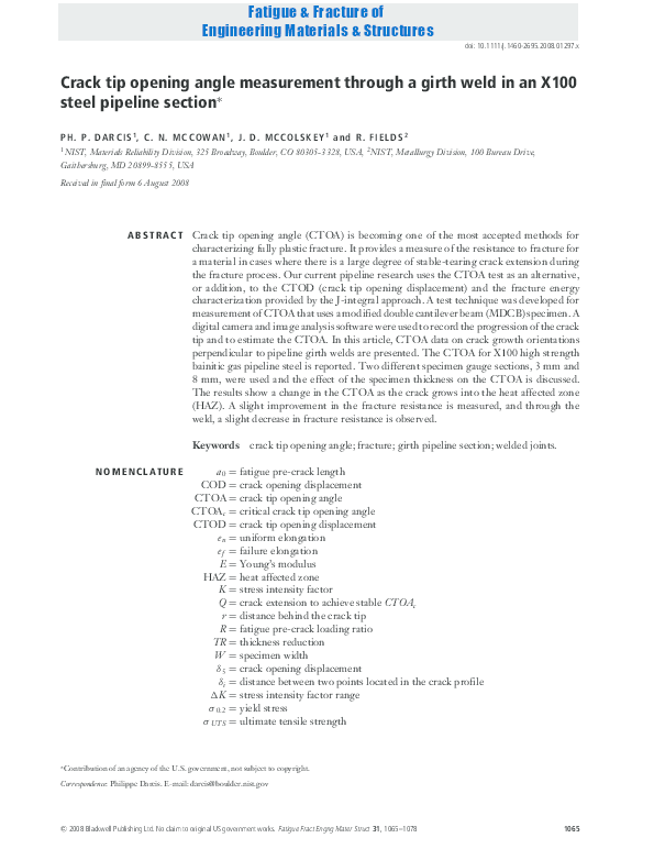 (PDF) Crack tip opening angle measurement through a girth weld in an ...